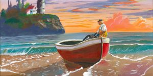 Painting of a fisherman and boat on the beach.