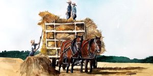 Painting of a person and two horses pulling a wagon loaded with hay.