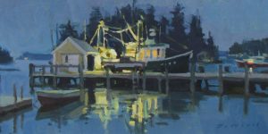 Painting of harbor scene in the evening.