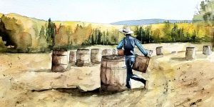 Painting of person carrying a barrel.
