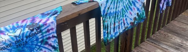 Tie dyed tee shirts drying on a deck