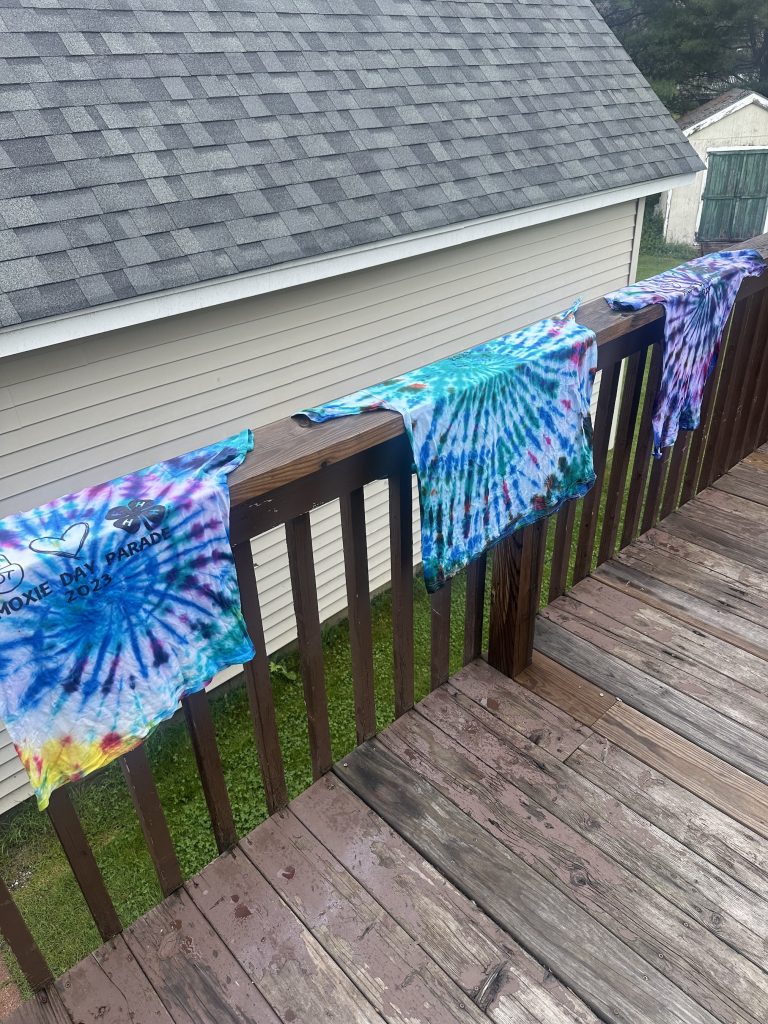Tie dyed tee shirts drying on a deck