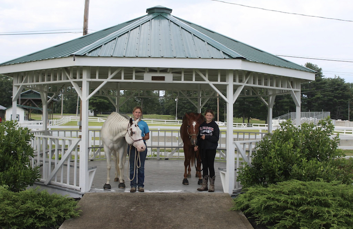 Two 4-H members standig with their horses in a gazebo