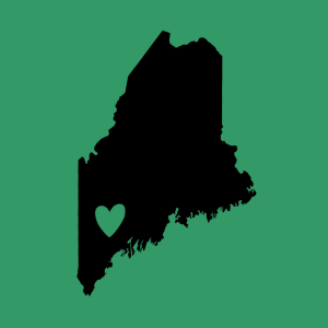 A black outline of the state of Maine with a 4-H Green colored heart marking the city of Lewiston.