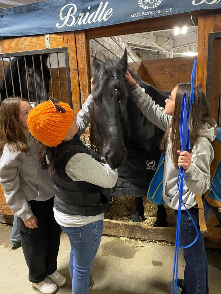 Three Midcoast Mainers members petting a horse