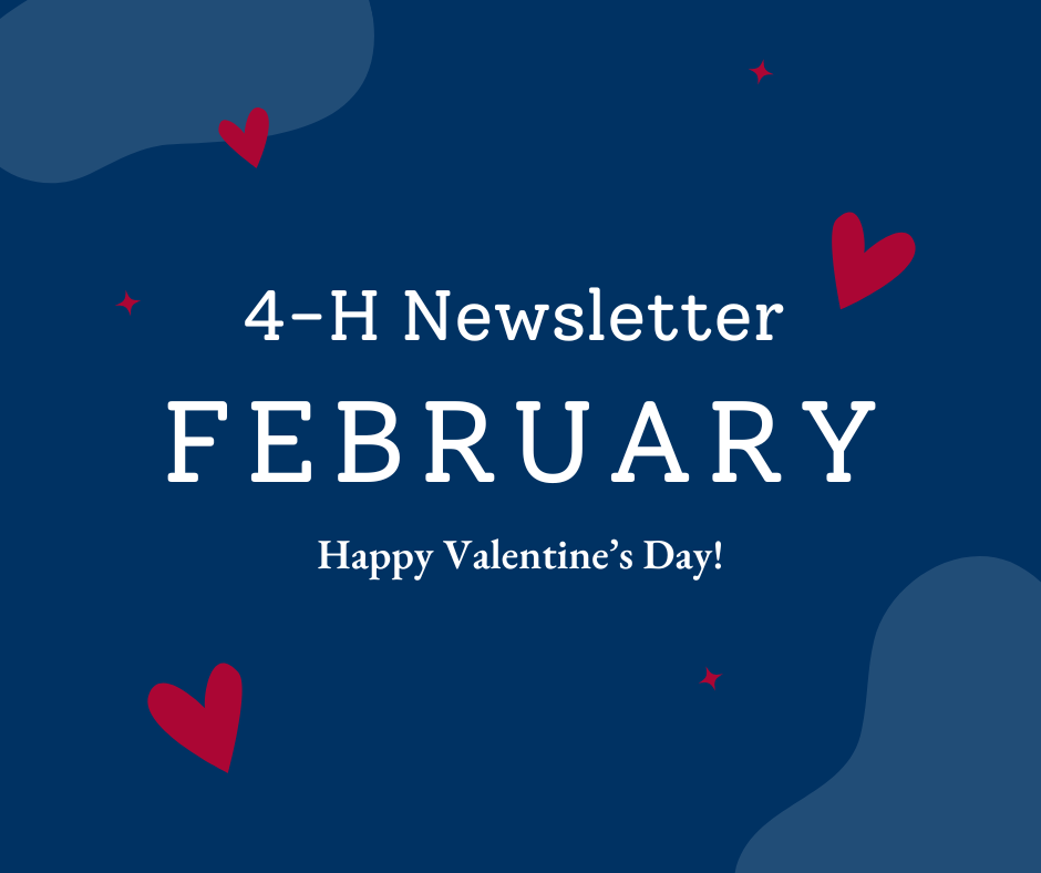 A graphic stating "4-H Newsletter: February" with the subtitle: "Happy Valentine's Day!" 