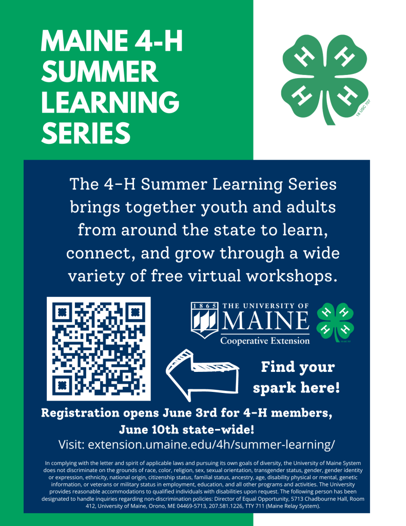A flyer for the Maine 4-H Summer Learning Series. Full description below.