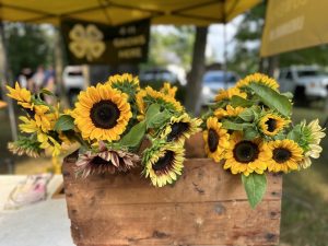 Bouquets of sunflowers in a wooden box.