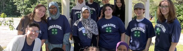 Summer of science teen teachers and interns wearing UMaine 4-H tee shirts and posing in front of a gazebo.