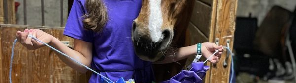 A Midcoast Mainer posing with a horse and 7 award ribbons.