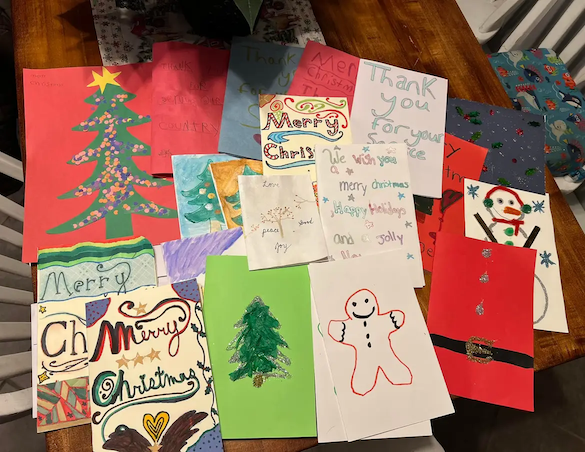 Pile of homemade Christmas cards.