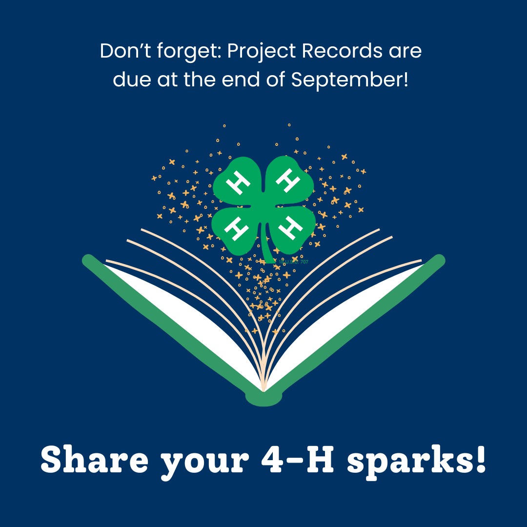 Graphic that reads "Don't forget: Project Records are due at the end of September! Share your 4-H sparks!"
