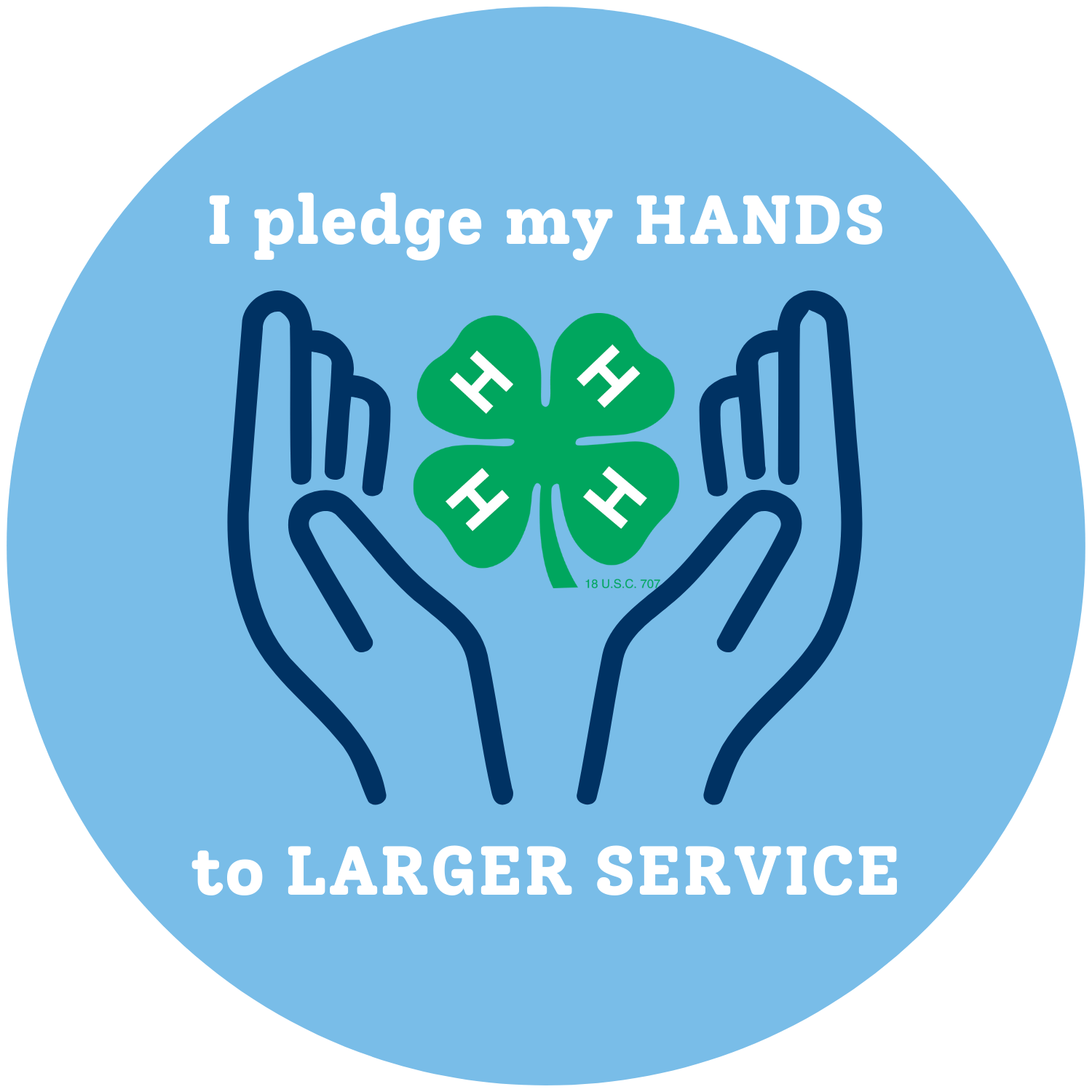 Graphic stating "I pledge my hands to larger service, with an illustration of hands holding the 4-H clover