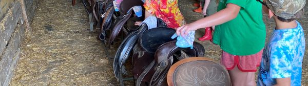 ten youth cleaning saddles
