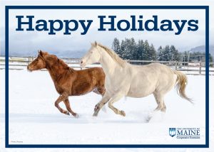 two horses running in the snow with a happy holiday message