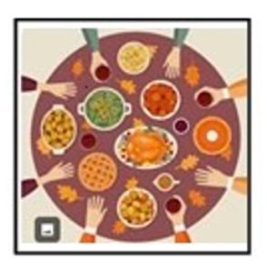 graphic of table top with thanksgiving food and hands