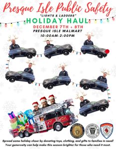 presque isle public safety holiday haul event graphic with 7 police cars and fire truck with faces on all of them