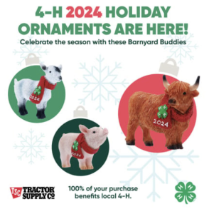 ad for tractor supply stuffed pig, cow and goat with red scarves and 4-H logo