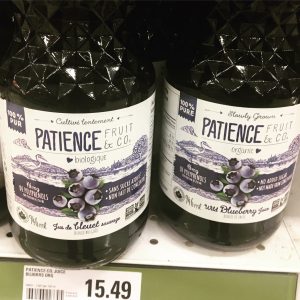 Organic blueberry juice on shelf, patience Co. 15.49 per bottle
