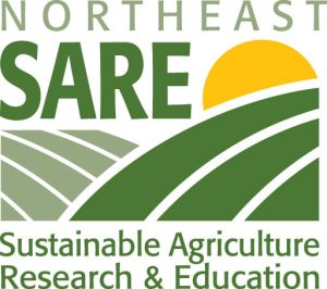 Logo reading Northeast SARE Sustainable Agricuture Research & Education written in green next to a yellow sun poking over green hills with lines indicating furrows