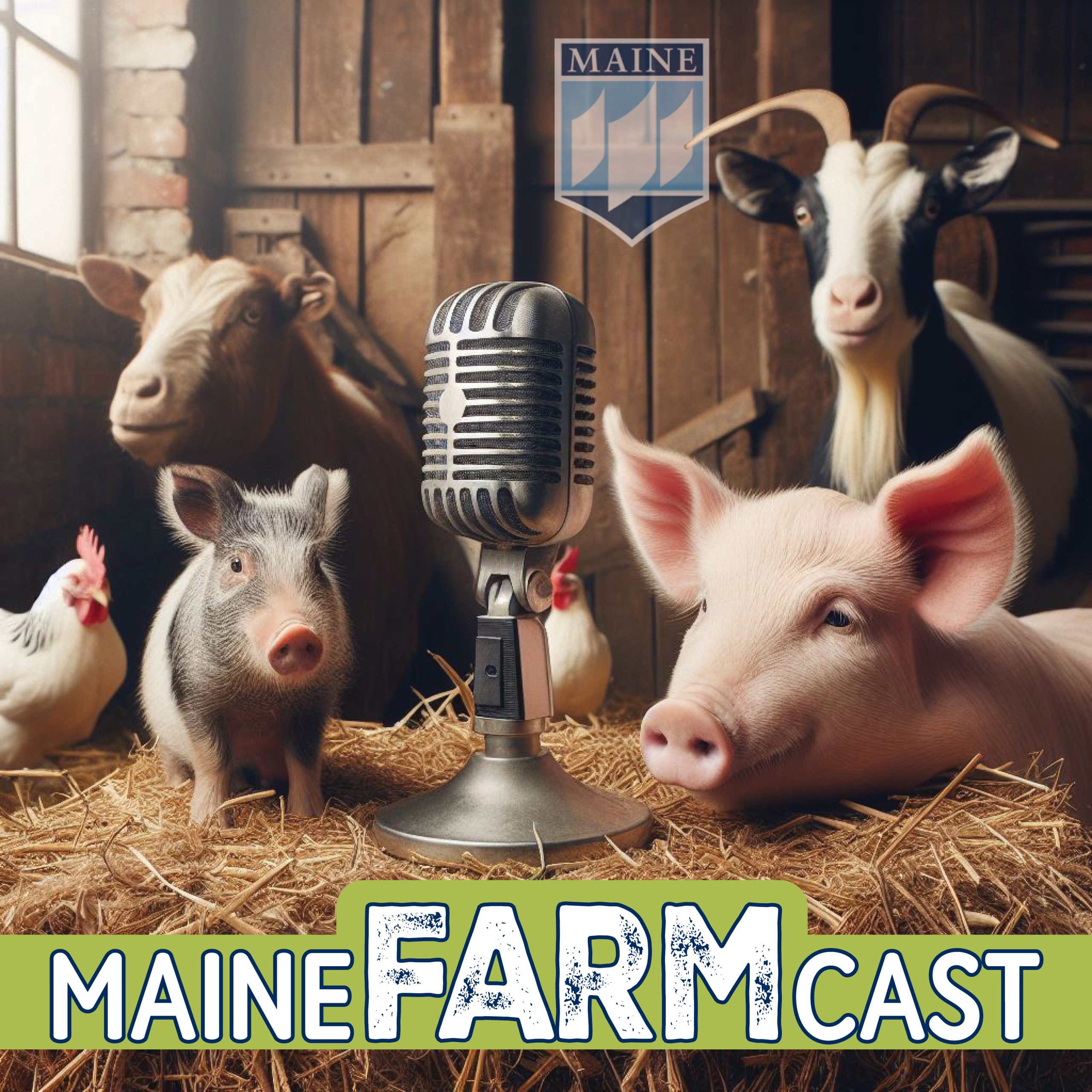 An illustration of a microphone on a hay bale in front farm animals. A banner that reads "Maine Farmcast" covers the bottom of the image.