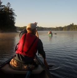 Canoe paddling at sunset