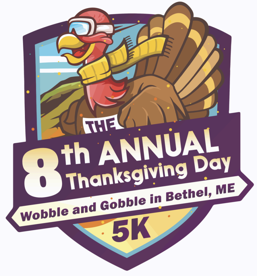 Logo: 8th annual Thanksgiving day 5k. image of a cartoon turkey wearing a yellow scarf.