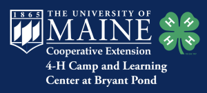 Bryant Pond 4-H Camp logo which includes image of the U Maine flagship and 4-H Clover on a navy blue background