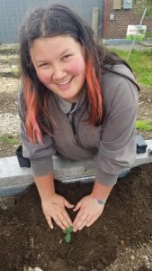 participant working in a garden with a plant sprout