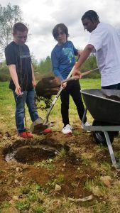 two participants watching a mentor shoveling soil as a tree is planted