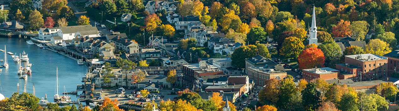 aerial view of small Maine coastal town