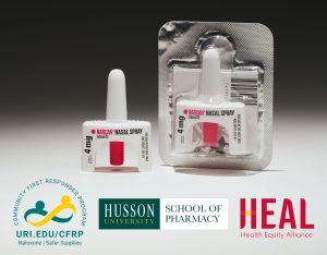 A photo of two Narcan (naloxone) dispensing devices with the logos of University Rhode Island Community First Responder Program, Husson University School of Pharmacy, and the Health Equity Alliance.