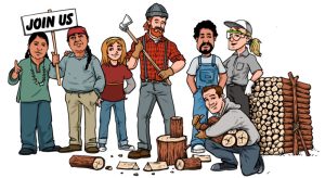 Cartoon showing several people standing next to split firewood and holding a sign that says 'Join Us'