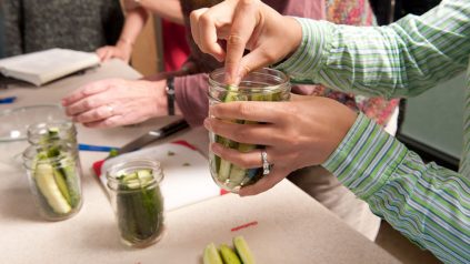 Participants make pickles in a food preservation workshop