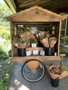 The wooden cart that Jason and Kate use to sell their flowers as 'Backyard Blooms.'