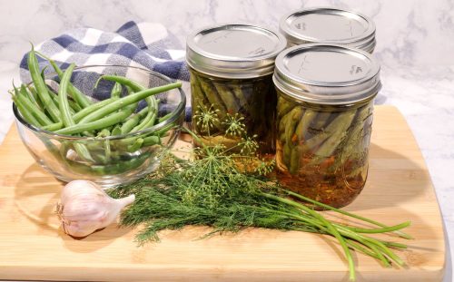 A photo of green beans and garlic next to jars of dilly beans.