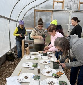 A group of staff and volunteers gather in the high tunnel to plant native seeds.