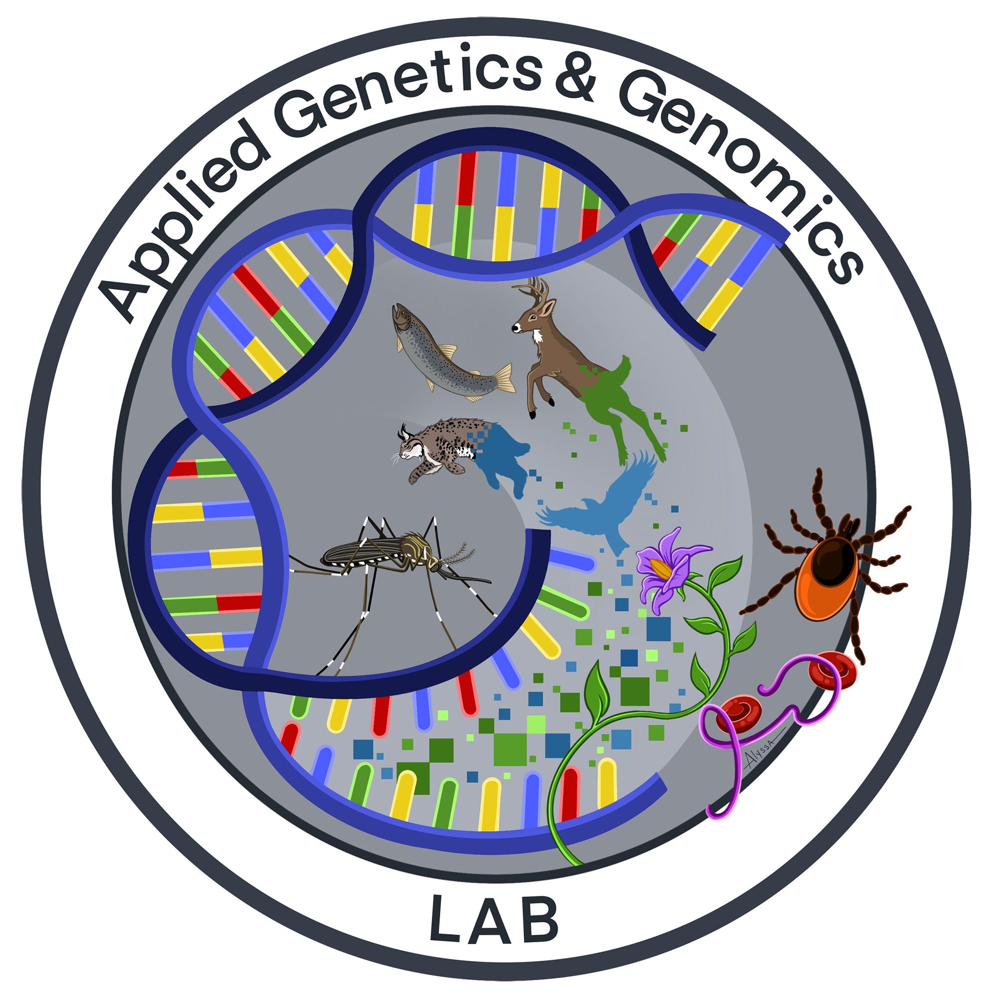 Applied Genetics and Genomics Lab artwork with animals, a plant, a bacteria, and a large, unraveling DNA strand