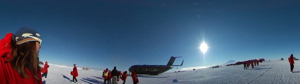 Lynn and other researchers at the landing field in Antarctica