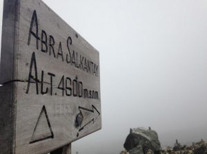 Signpost in the fog at Salkantay Pass.