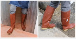 2 images showing cheesemaker wearing boots while crossing varied surfaces