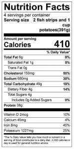 Baked Fish and Chips Food Nutrition Facts Label: Click on this image for complete nutrition information