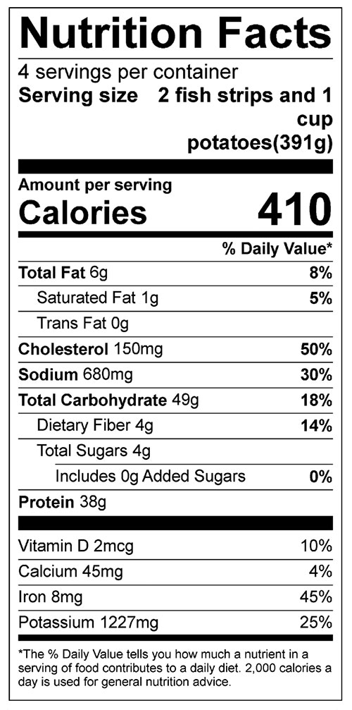 Baked Fish and Chips Food Nutrition Facts Label
