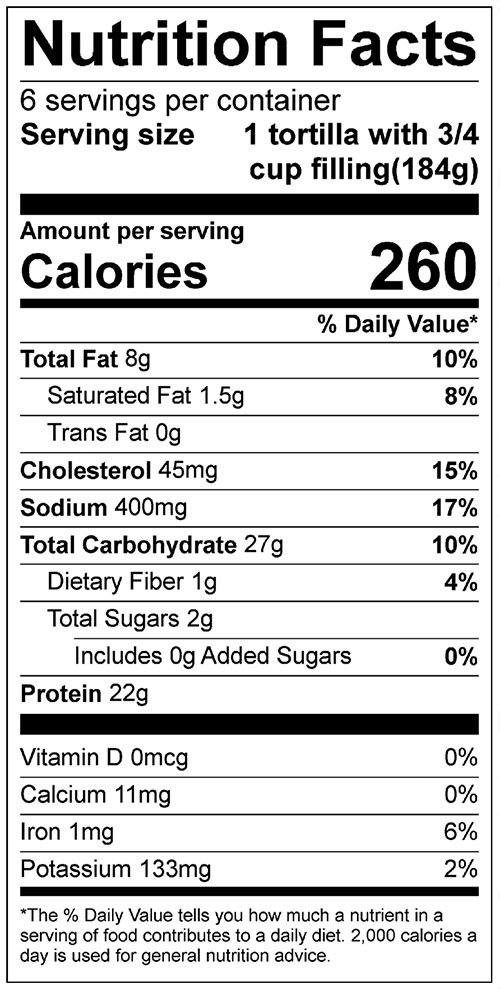 Chicken Fajitas Food Nutrition Facts Label