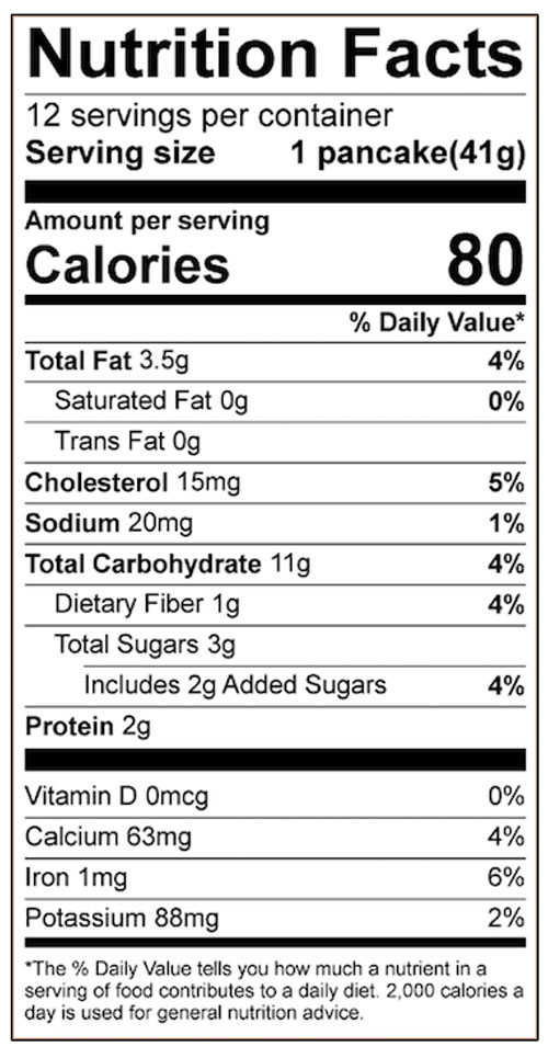 Gluten-Free Pancakes Food Nutrition Facts Label: Click on this image for complete nutrition information