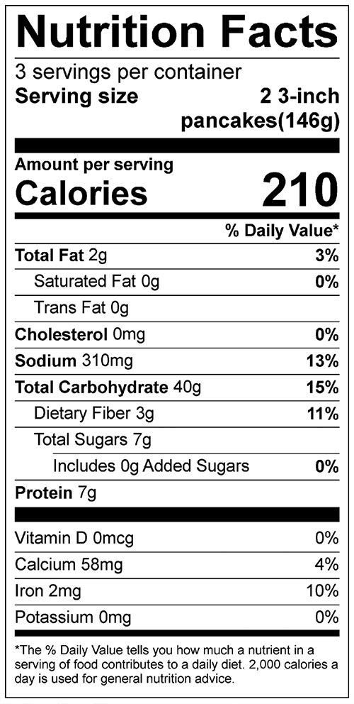 Oatmeal Pancakes Food Nutrition Facts Label: Click on this image for complete nutrition information