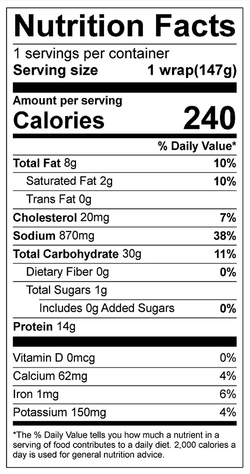 Wraps Your Way Food Nutrition Facts Label