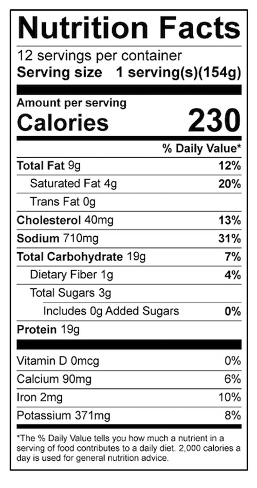 Beef Taco Pie Food Nutrition Facts Label: Click on this image for complete nutrition information