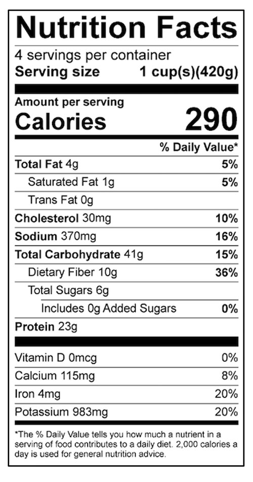 Savory Bean Stew Food Nutrition Facts Label: Click on this image for complete nutrition information