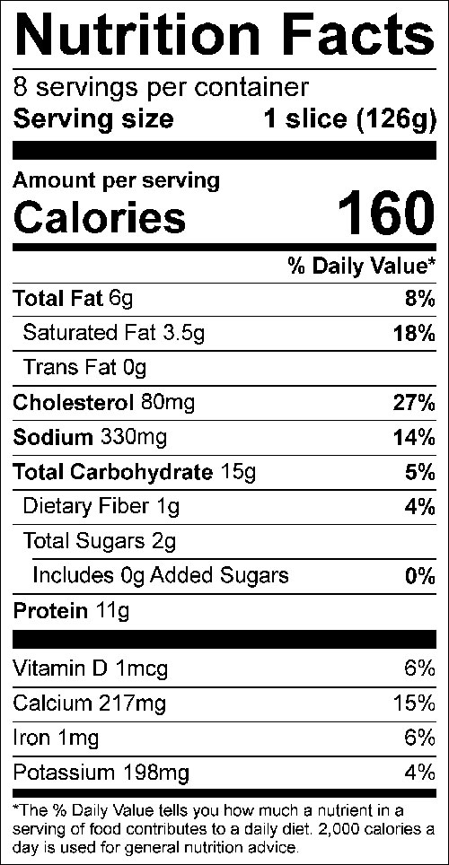 Spinach Pie, (Crustless) Food Nutrition Facts Label: Click on this image for complete nutrition information.